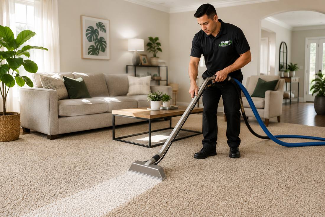 Technician using a truck-mounted hot-water extraction wand on a living room carpet in a Five Towns home